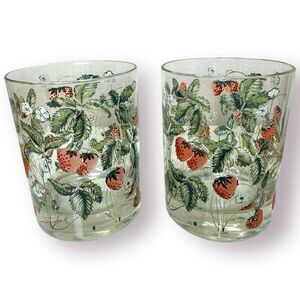 Vintage MCM Cera Strawberries Vines Drinking Glasses Lot Of Two Cottage Boho